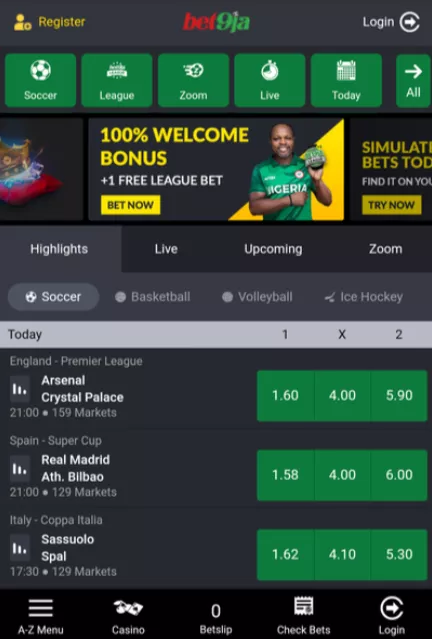 Bet9Ja main mobile page